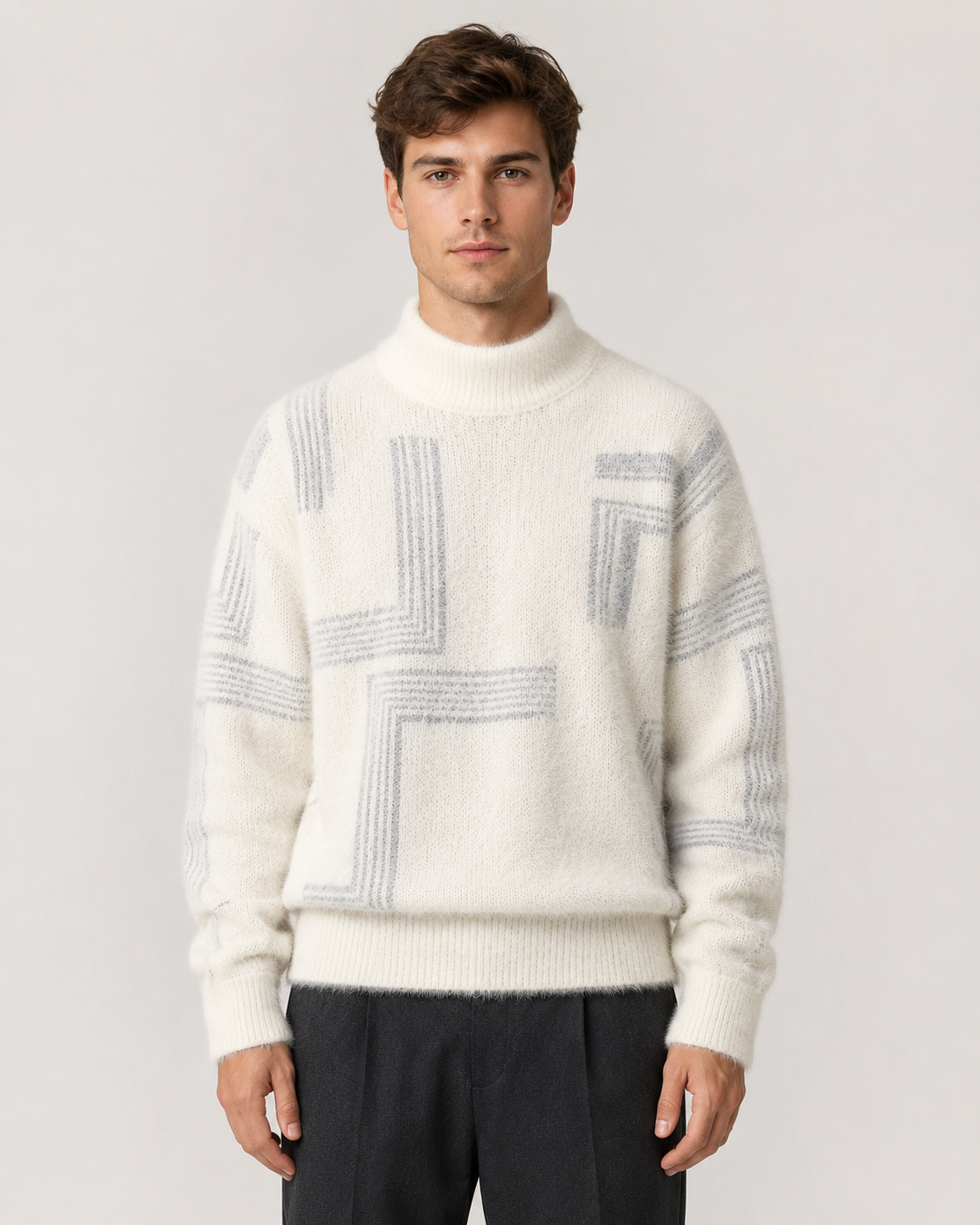 Men's Fluffy Knit Sweater - Geometric Funnel Neck Pullover