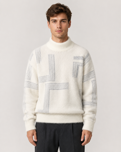 Men's Fluffy Knit Sweater - Geometric Funnel Neck Pullover