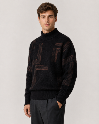 Men's Fluffy Knit Sweater - Geometric Funnel Neck Pullover