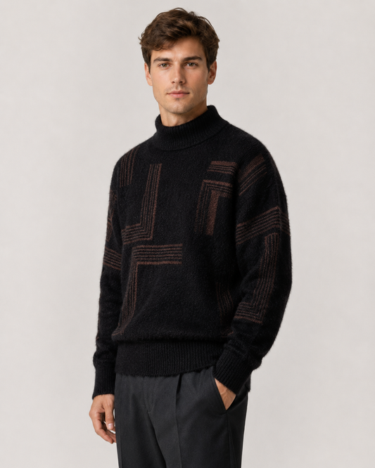 Men's Fluffy Knit Sweater - Geometric Funnel Neck Pullover