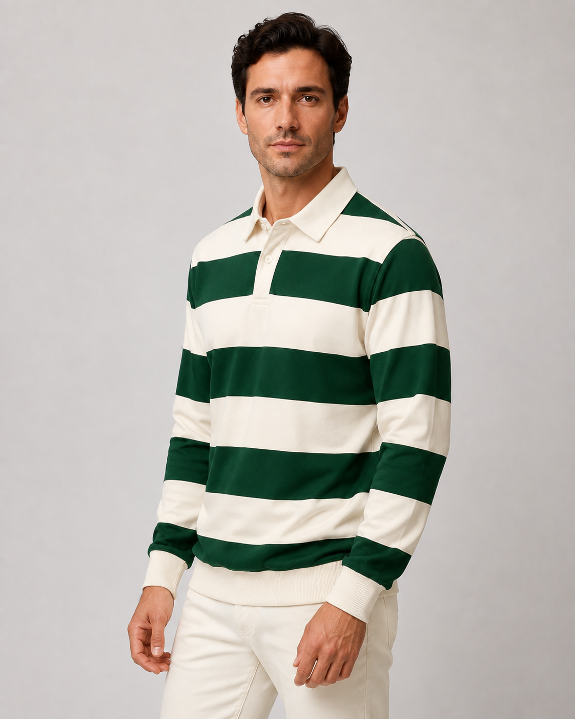 Men's Rugby Polo Shirt - Striped Long Sleeve Regular Fit