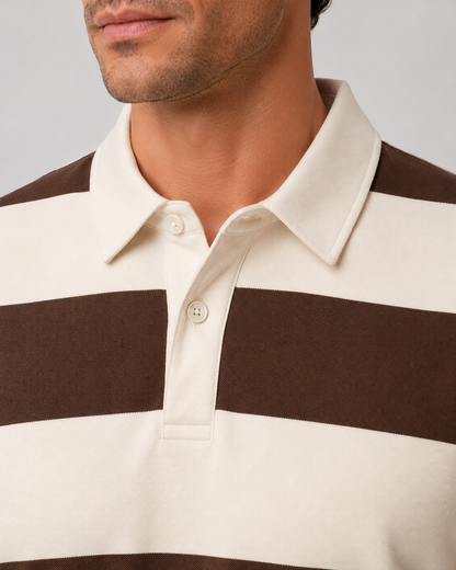 Men's Rugby Polo Shirt - Striped Long Sleeve Regular Fit