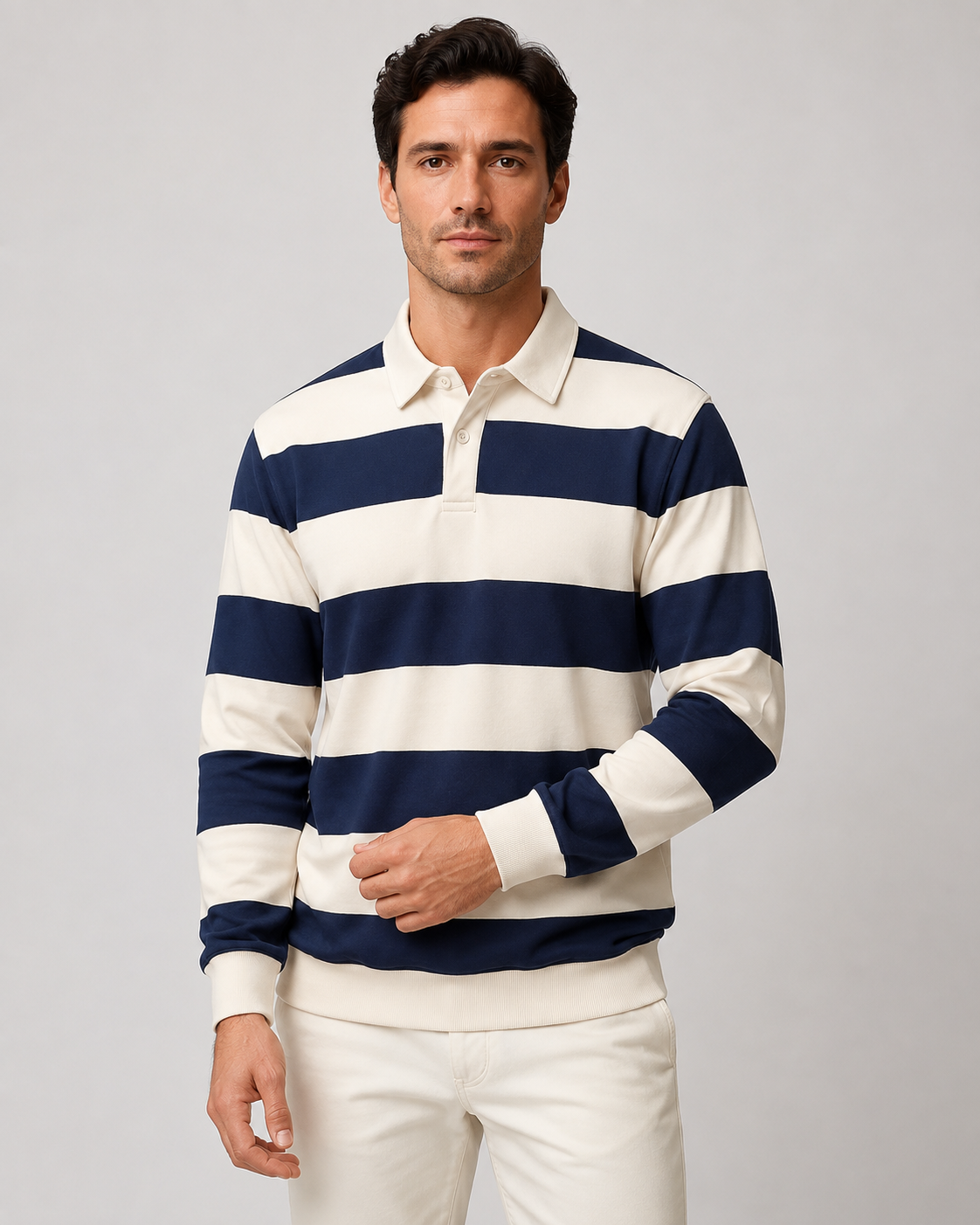 Men's Rugby Polo Shirt - Striped Long Sleeve Regular Fit