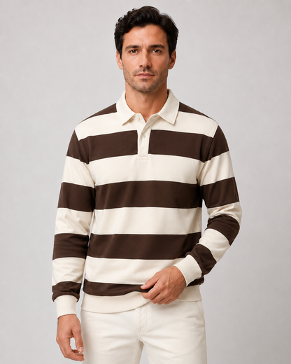 Men's Rugby Polo Shirt - Striped Long Sleeve Regular Fit