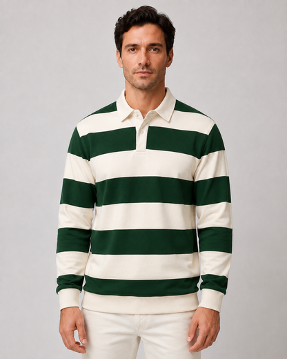 Men's Rugby Polo Shirt - Striped Long Sleeve Regular Fit
