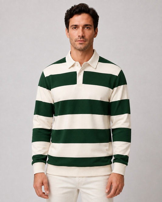 Men's Rugby Polo Shirt - Striped Long Sleeve Regular Fit