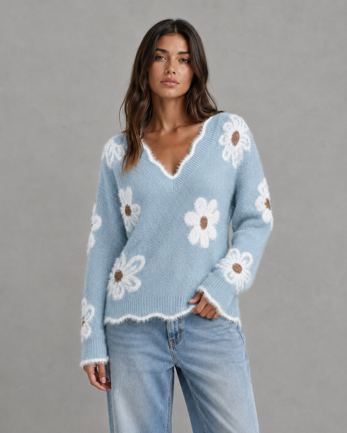 Women's V Neck Sweater - Floral Knit Fuzzy Trim