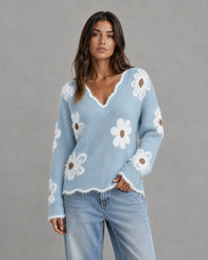 Women's V Neck Sweater - Floral Knit Fuzzy Trim