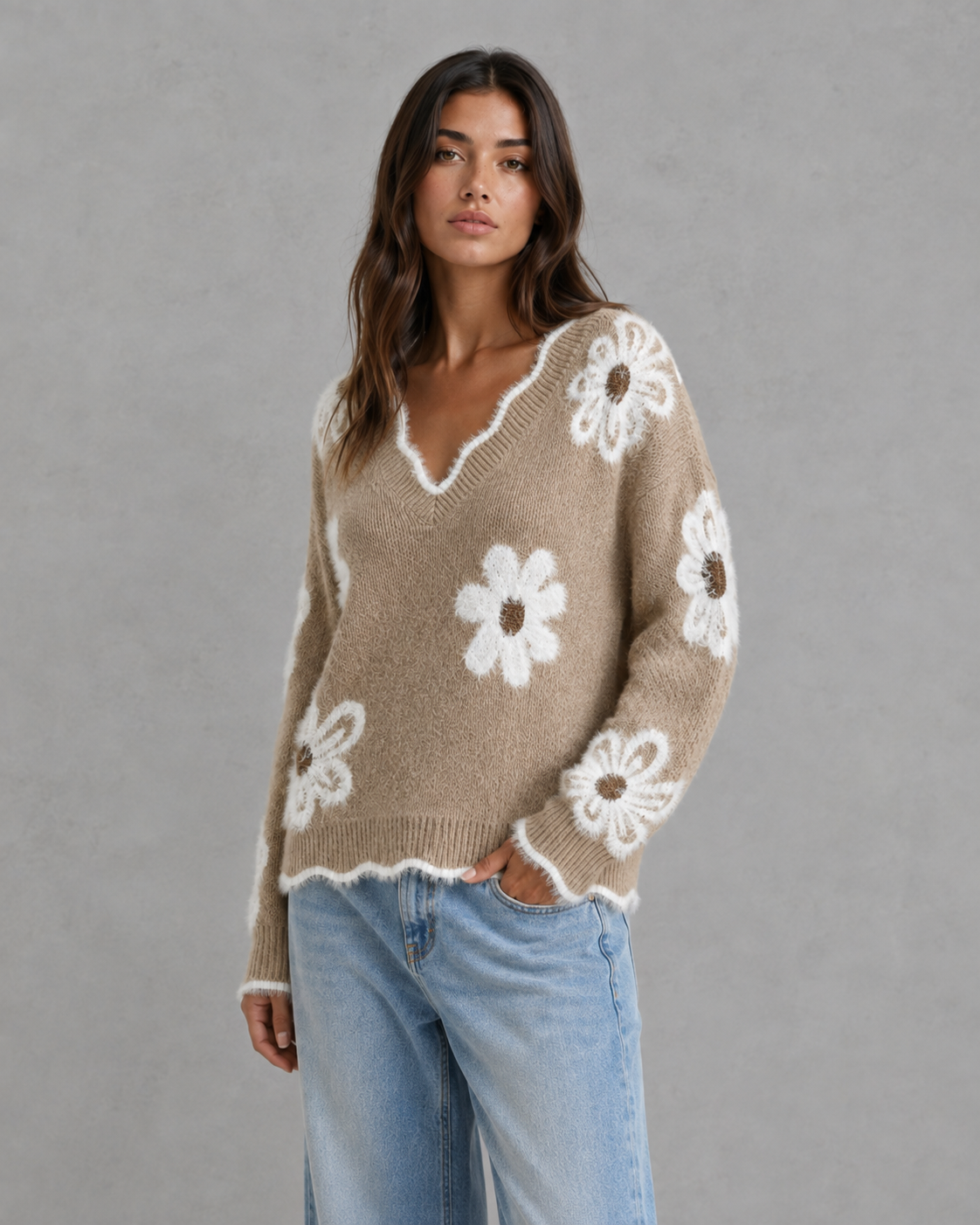 Women's V Neck Sweater - Floral Knit Fuzzy Trim