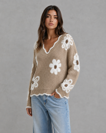 Women's V Neck Sweater - Floral Knit Fuzzy Trim