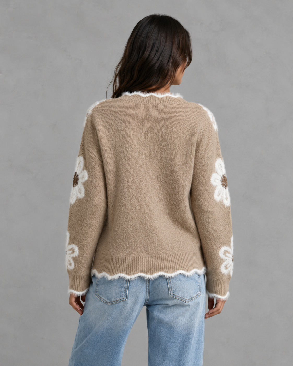 Women's V Neck Sweater - Floral Knit Fuzzy Trim