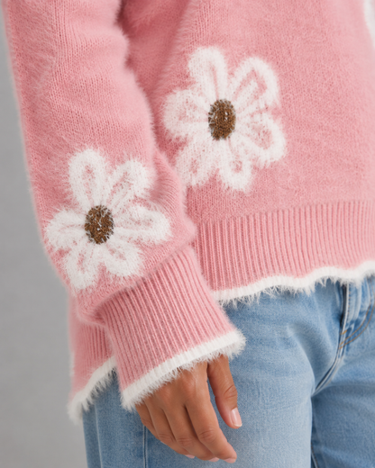 Women's V Neck Sweater - Floral Knit Fuzzy Trim