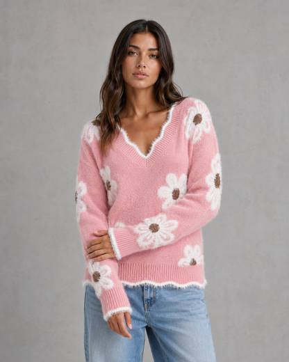 Women's V Neck Sweater - Floral Knit Fuzzy Trim