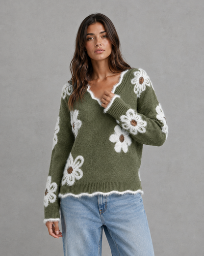 Women's V Neck Sweater - Floral Knit Fuzzy Trim