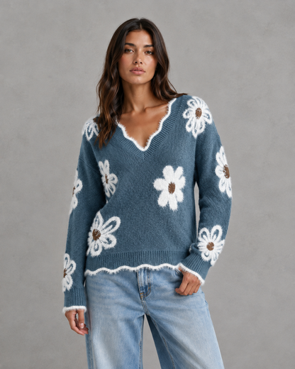 Women's V Neck Sweater - Floral Knit Fuzzy Trim