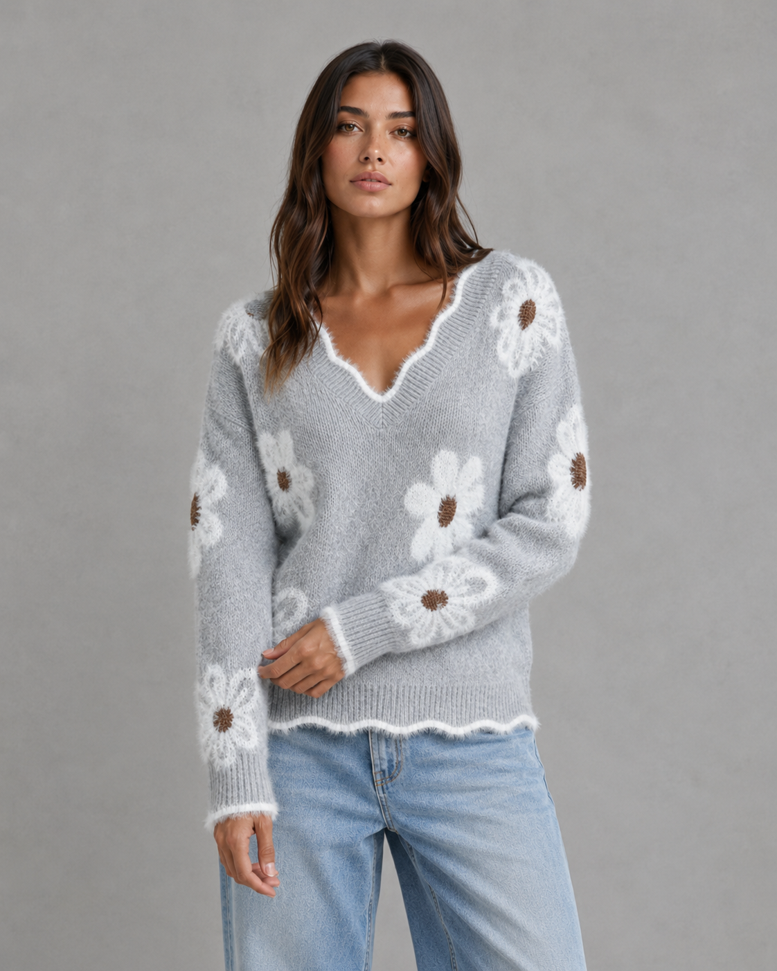 Women's V Neck Sweater - Floral Knit Fuzzy Trim
