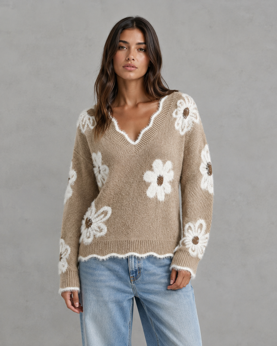 Women's V Neck Sweater - Floral Knit Fuzzy Trim