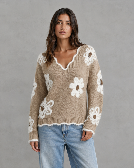 Women's V Neck Sweater - Floral Knit Fuzzy Trim
