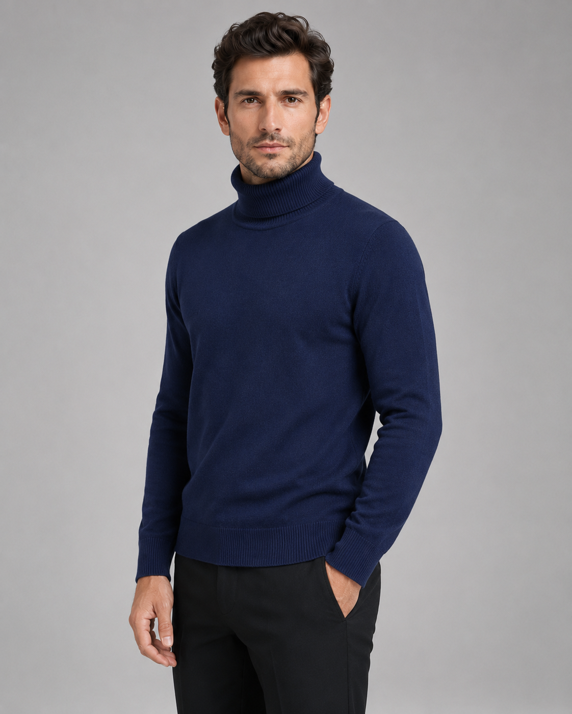 Men's Turtleneck Sweater - Fine Knit Roll Neck Pullover