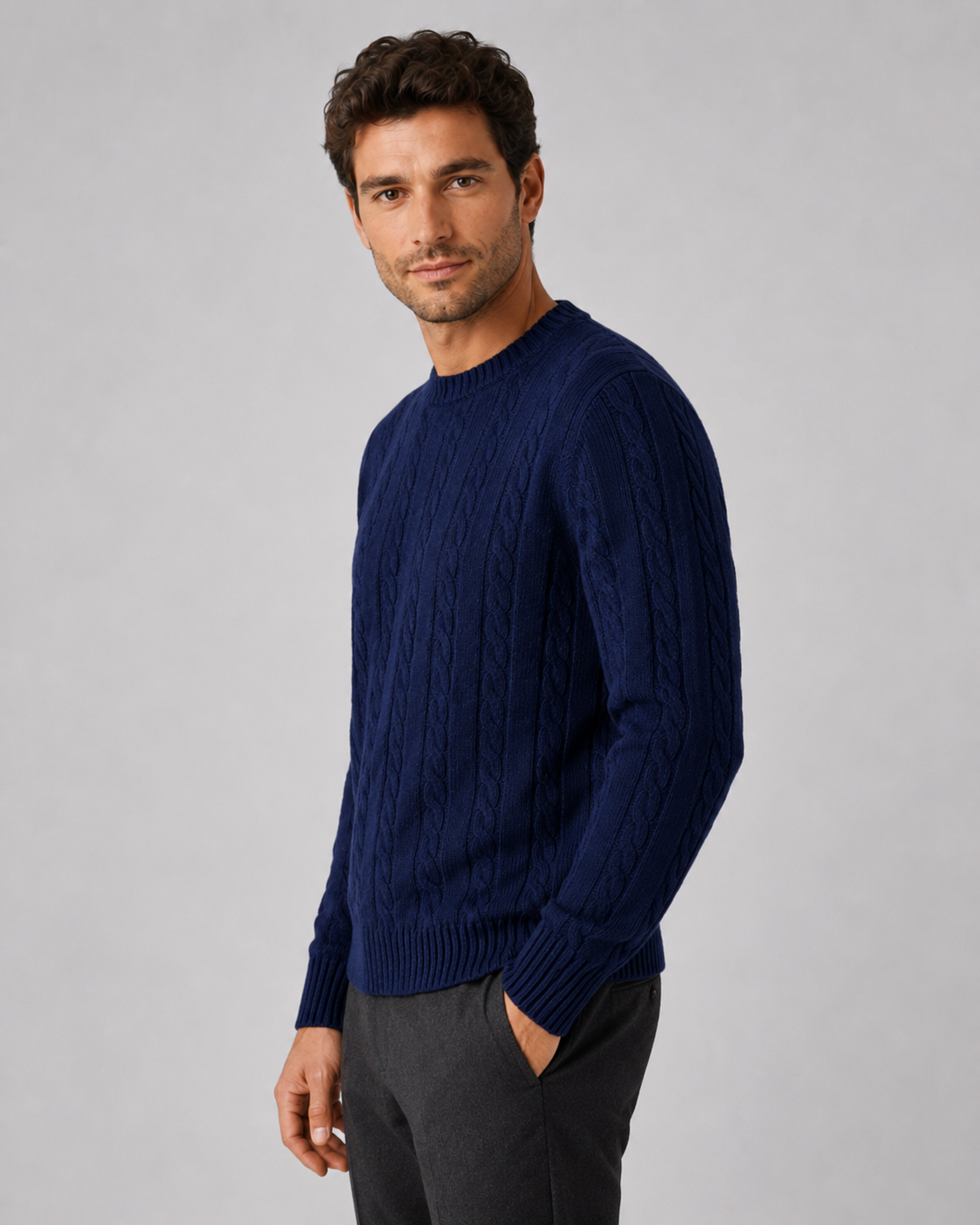 Men's Cable Knit Sweater - Crew Neck Knit Pullover