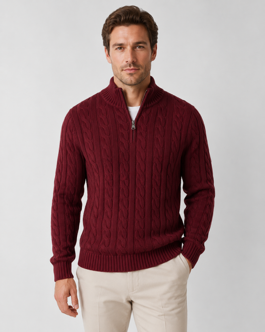 Men's Cable Knit Quarter Zip Sweater - Mock Neck Pullover