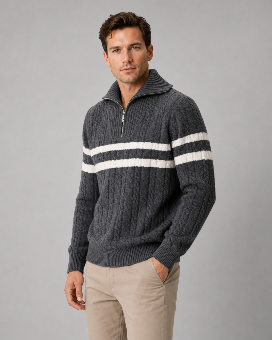 Men's Cable Knit Quarter Zip Sweater - Striped Pullover