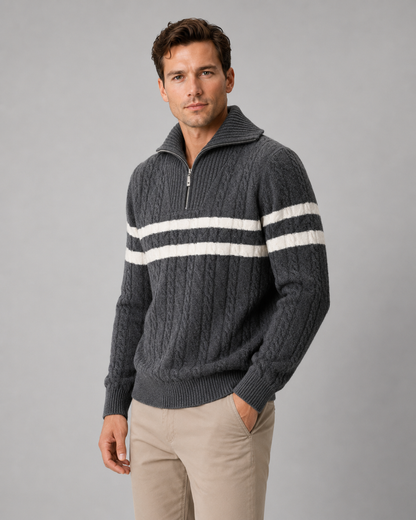 Men's Cable Knit Quarter Zip Sweater - Striped Pullover
