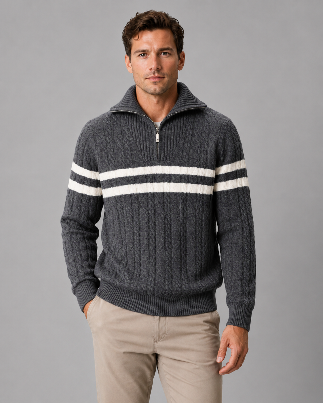 Men's Cable Knit Quarter Zip Sweater - Striped Pullover