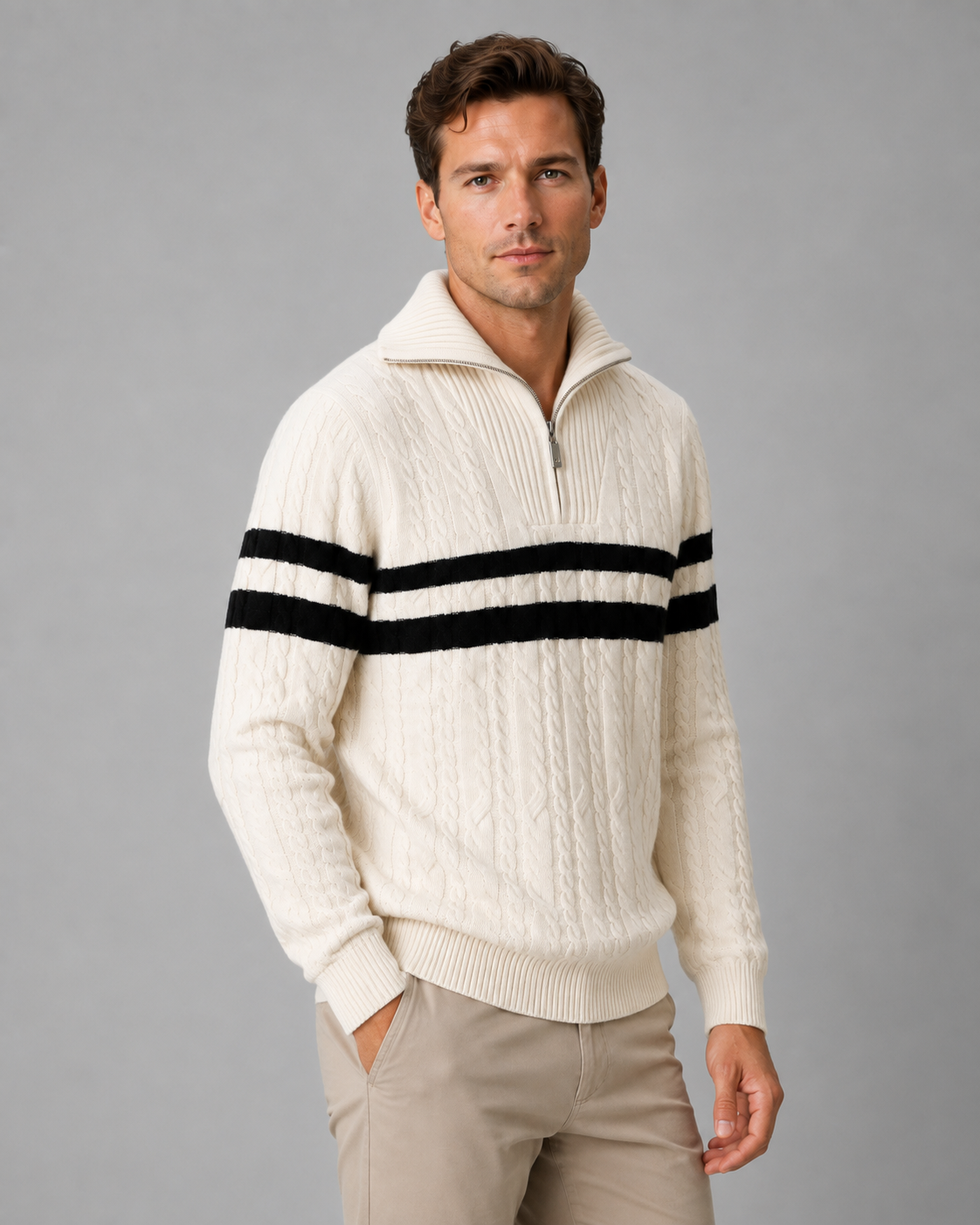 Men's Cable Knit Quarter Zip Sweater - Striped Pullover
