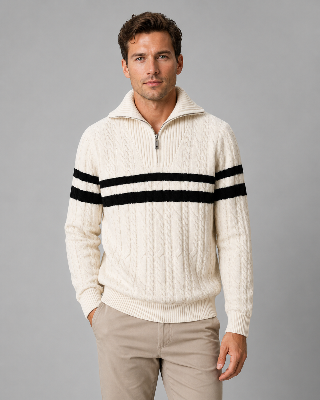Men's Cable Knit Quarter Zip Sweater - Striped Pullover