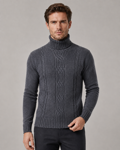 Men's Cable Knit Turtleneck Sweater - Ribbed Neck Slim Fit