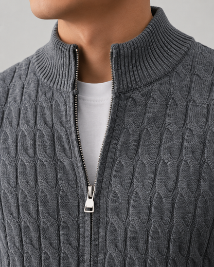 Men's Cable Knit Cardigan Sweater - Full Zip Stand Collar