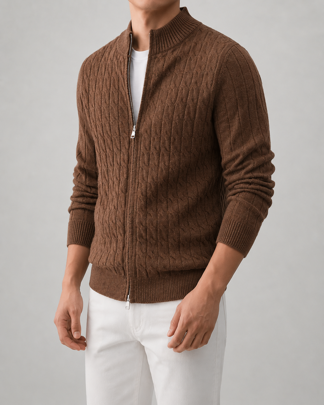 Men's Cable Knit Cardigan Sweater - Full Zip Stand Collar