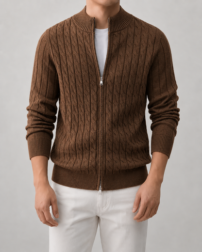 Men's Cable Knit Cardigan Sweater - Full Zip Stand Collar