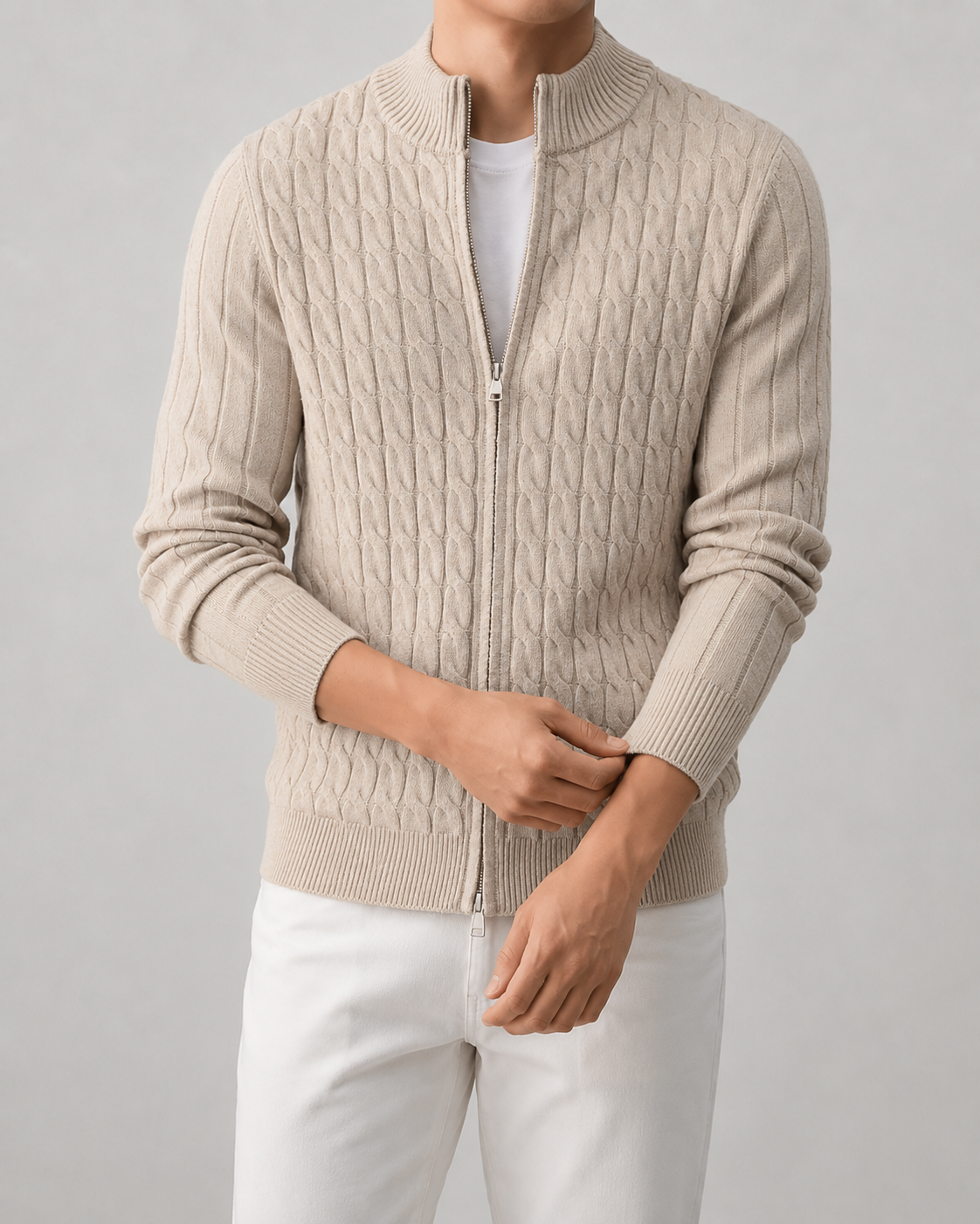 Men's Cable Knit Cardigan Sweater - Full Zip Stand Collar