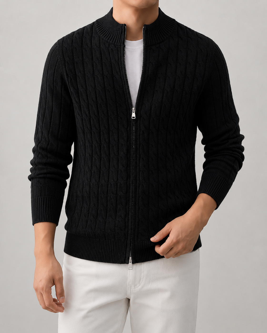 Men's Cable Knit Cardigan Sweater - Full Zip Stand Collar