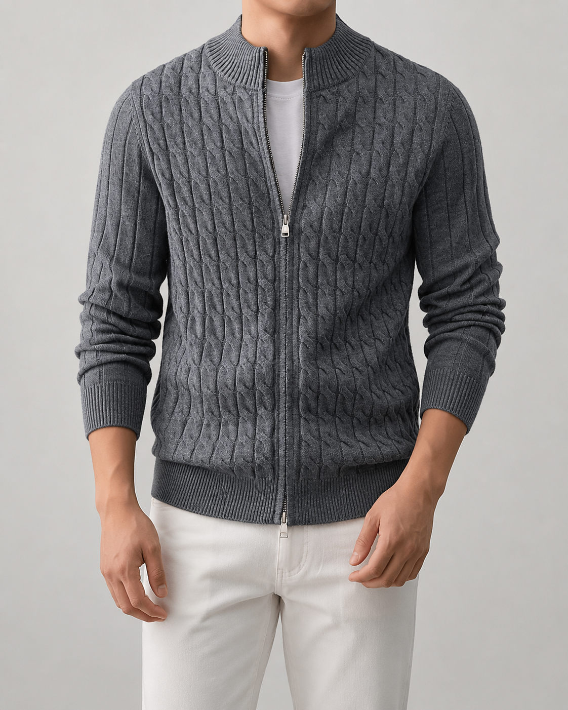 Men's Cable Knit Cardigan Sweater - Full Zip Stand Collar
