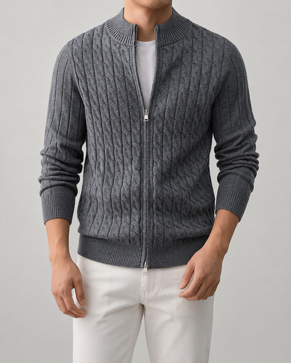 Men's Cable Knit Cardigan Sweater - Full Zip Stand Collar