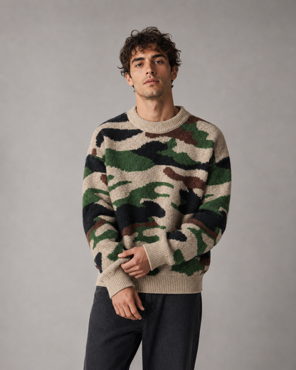 Men's Camo Sweater - Knit Crew Neck Relaxed Fit