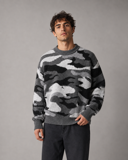 Men's Camo Sweater - Knit Crew Neck Relaxed Fit