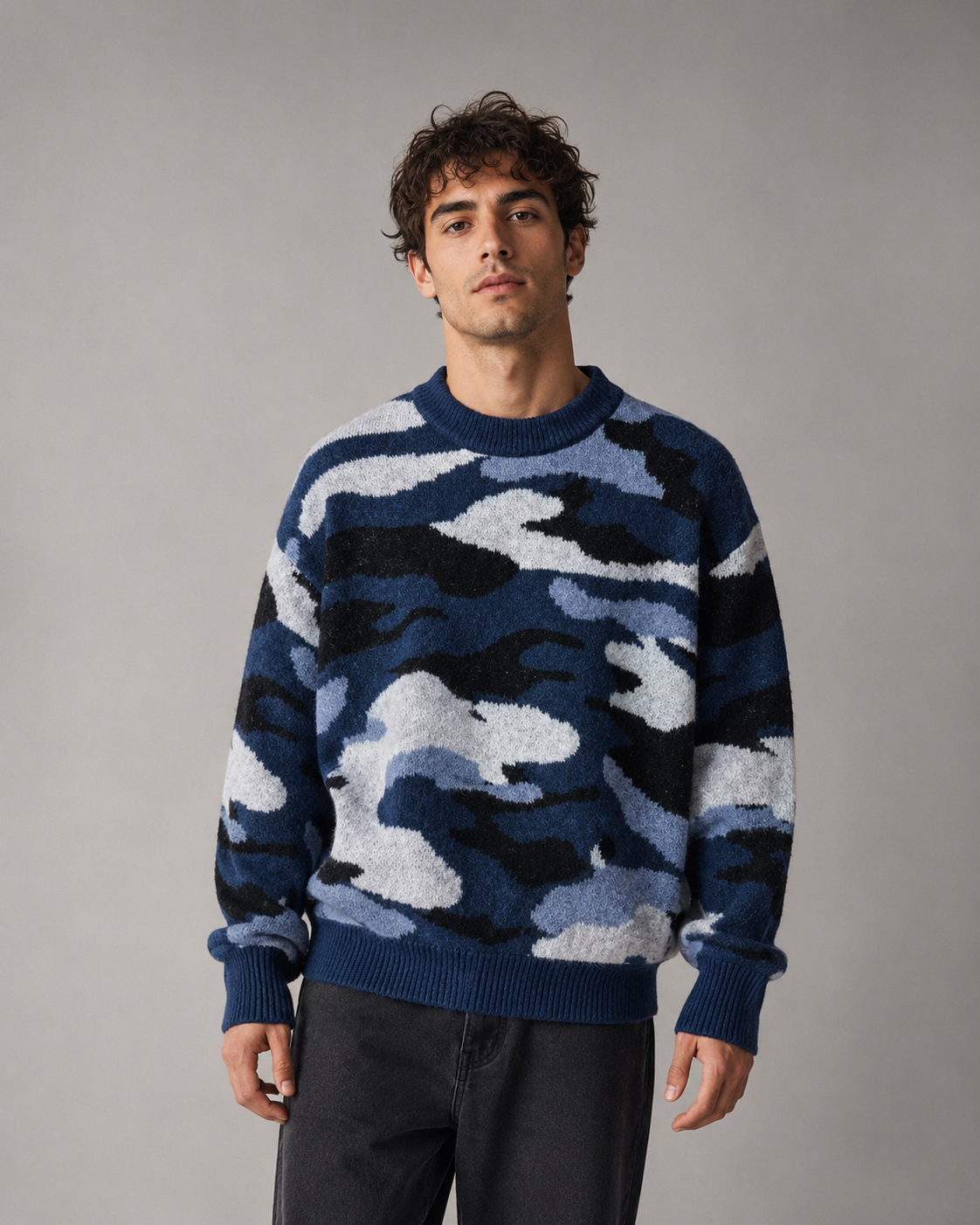 Men's Camo Sweater - Knit Crew Neck Relaxed Fit