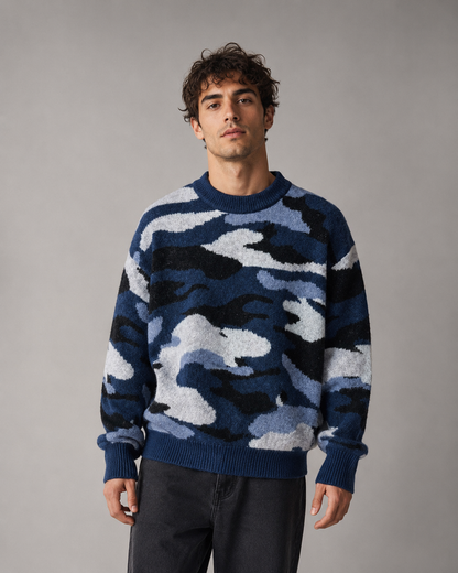 Men's Camo Sweater - Knit Crew Neck Relaxed Fit