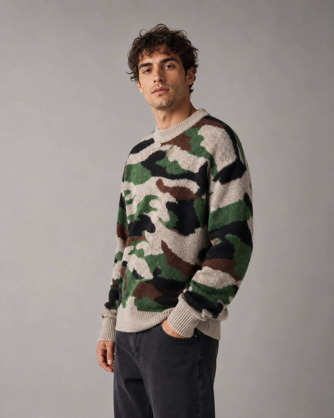 Men's Camo Sweater - Knit Crew Neck Relaxed Fit