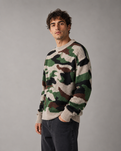 Men's Camo Sweater - Knit Crew Neck Relaxed Fit