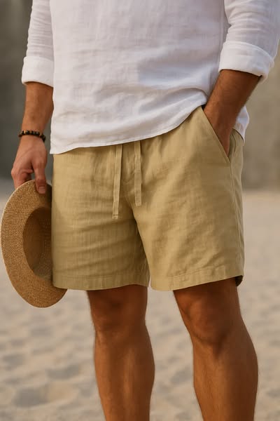Men's Casual Linen-Blend Shorts with Relaxed Drawstring Waist and Pockets
