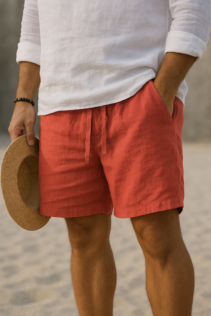 Men's Casual Linen-Blend Shorts with Relaxed Drawstring Waist and Pockets