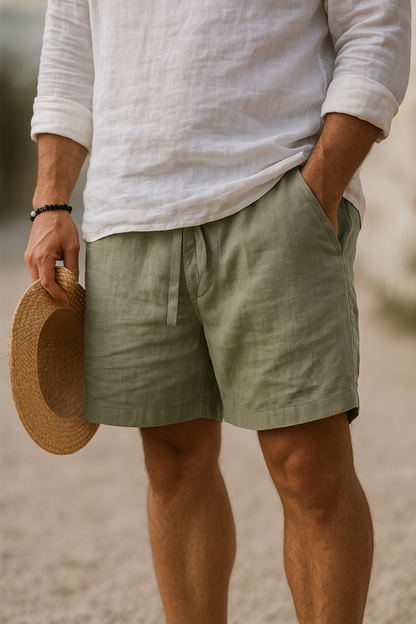 Men's Casual Linen-Blend Shorts with Relaxed Drawstring Waist and Pockets