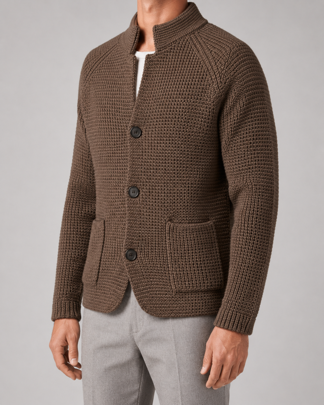 Men's Chunky Knit Cardigan Sweater - Stand Collar