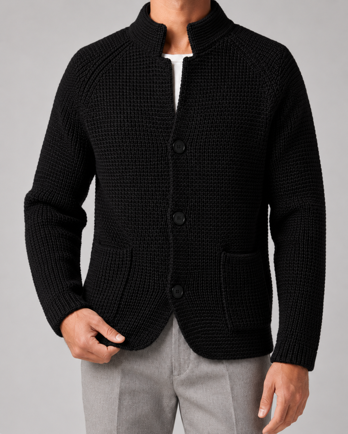 Men's Chunky Knit Cardigan Sweater - Stand Collar
