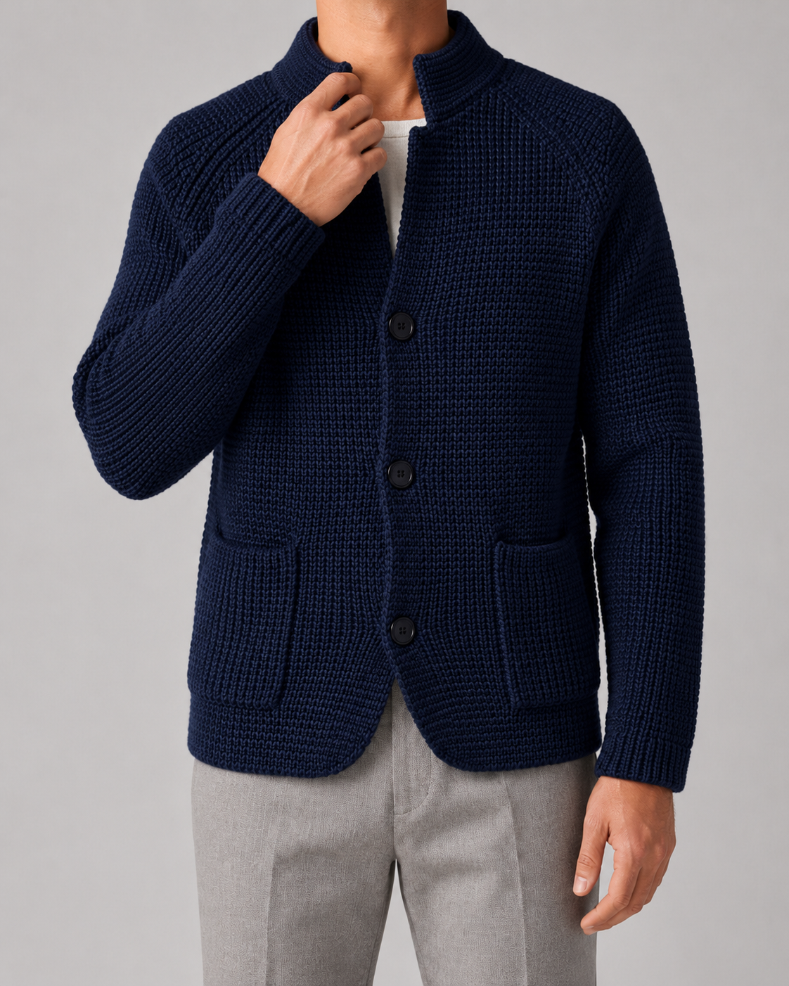 Men's Chunky Knit Cardigan Sweater - Stand Collar
